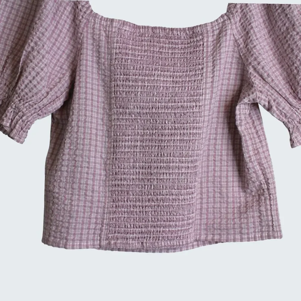 MADEWELL Seersucker Hopewell Puff-Sleeve Crop Top Womens Plaid Mauve Blouse XS